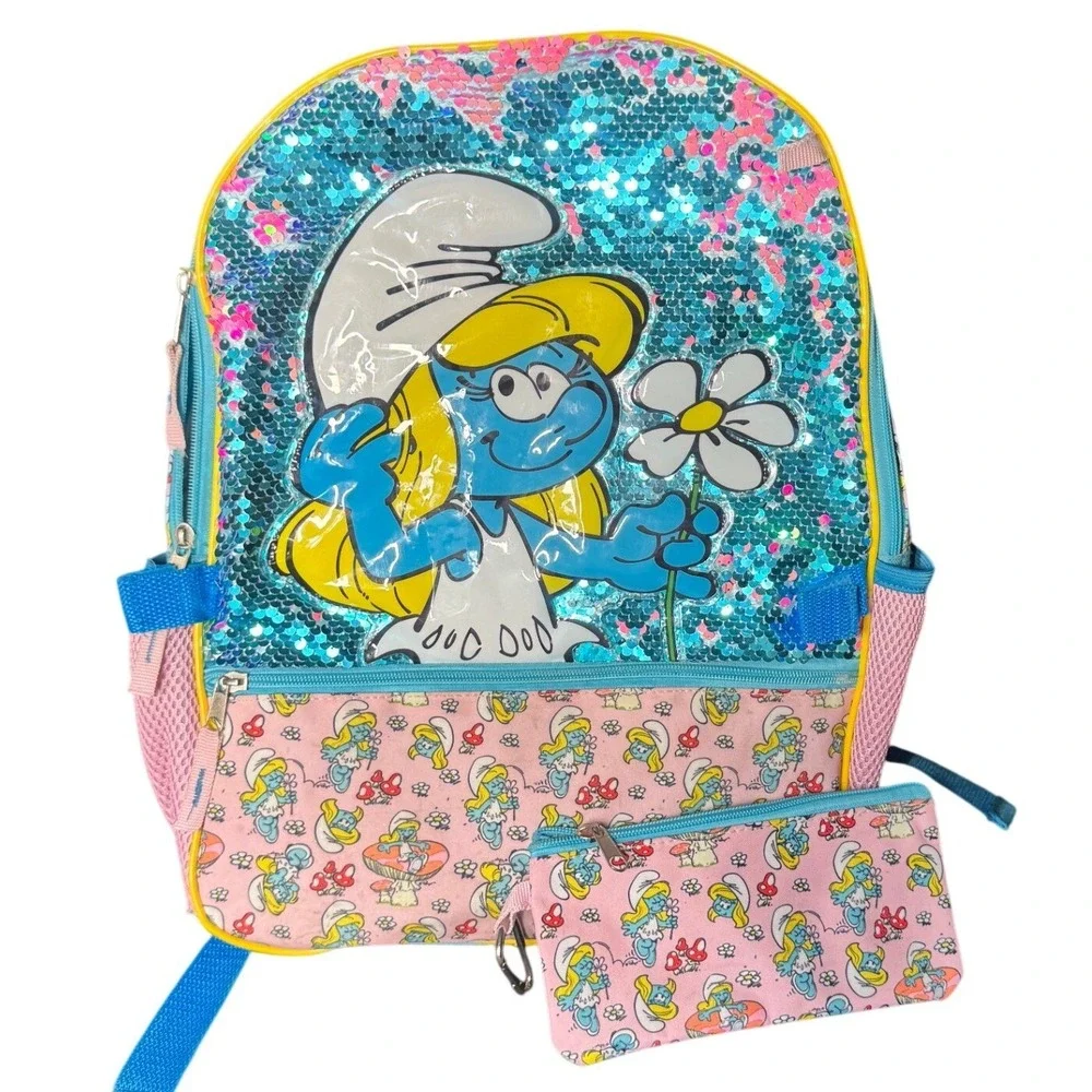 The Smurfs Smurfette Sequin Backpack and Pencil Pouch Set Pink Blue Kids School